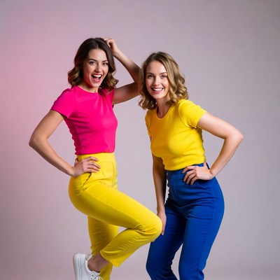 Two women posing in colorful outfits