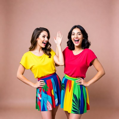 Two women waving happily in colorful skirts