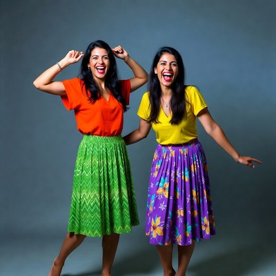 Two women dancing in colorful skirts