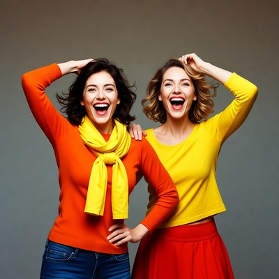 Two women laughing with arms raised