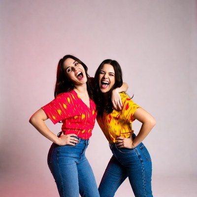 Two women hugging in colorful shirts
