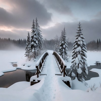 Snowy Wooden Bridge Over Frozen Lake