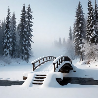 Snowy Wooden Bridge in Forest