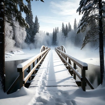 Snowy Wooden Bridge in Winter Forest