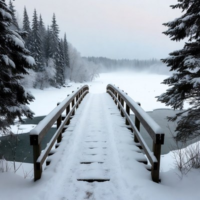 Snowy Wooden Bridge Over Frozen Lake