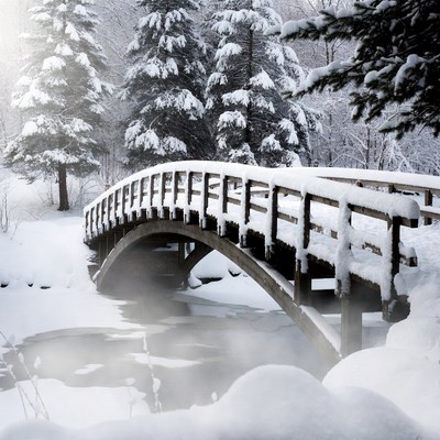 Snowy Wooden Bridge in Winter Forest