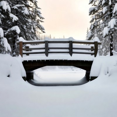 Snowy Wooden Bridge in Forest