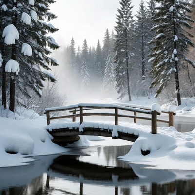 Snowy Wooden Bridge Over Frozen Stream