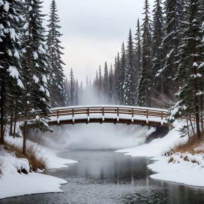 Snowy Wooden Bridge Over Forest River