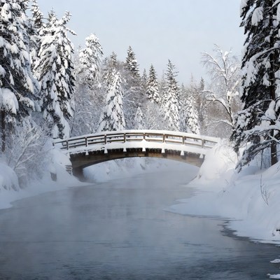 Snowy Wooden Bridge Over Icy River