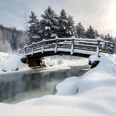 Wooden Bridge Over Snowy Stream