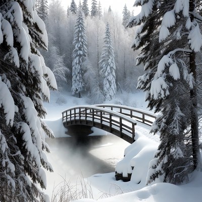 Snowy Wooden Bridge in Winter Forest