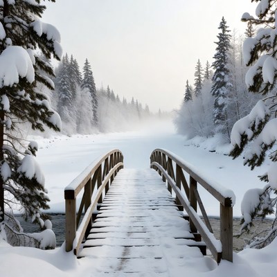 Snowy Wooden Bridge in Winter Forest