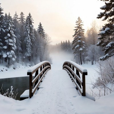 Snowy Wooden Bridge Over River