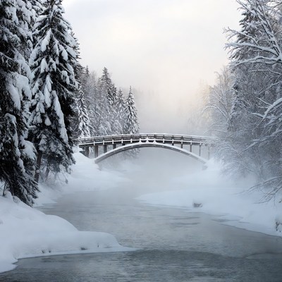 Snowy Wooden Bridge Over Frozen River