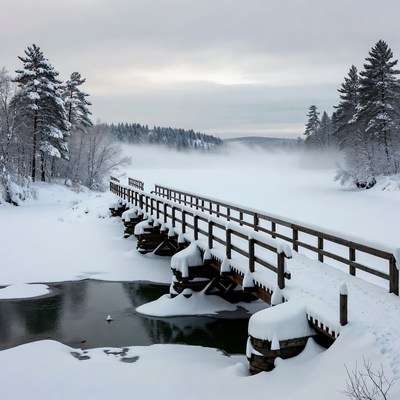 Snowy Wooden Bridge Over Frozen River