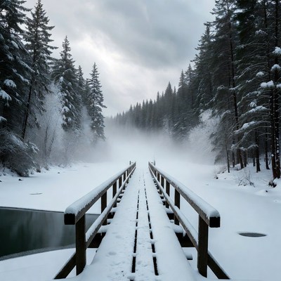Snowy Wooden Bridge in Foggy Forest