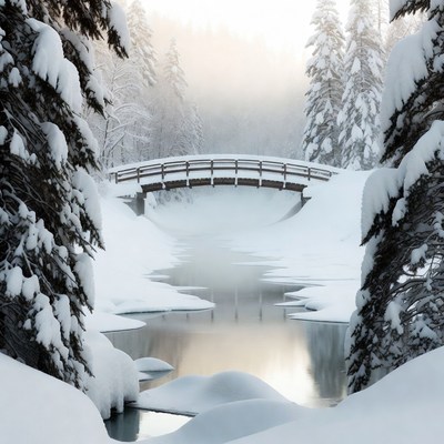Snowy Wooden Bridge in Forest