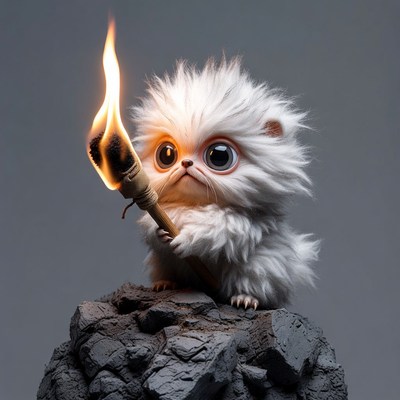 Fluffy white kitten holding torch