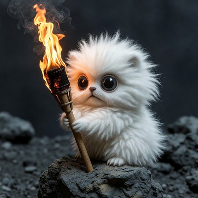 Fluffy white kitten holding torch