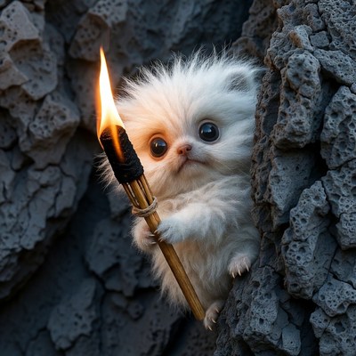 Fluffy white kitten holding lit torch