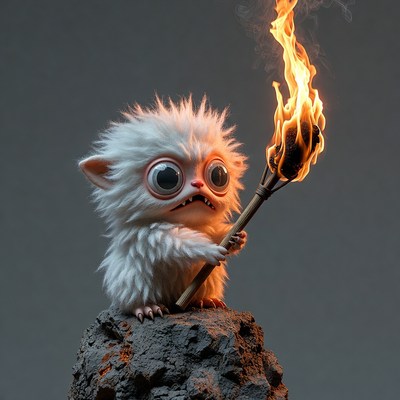 Fluffy white creature holding flaming torch