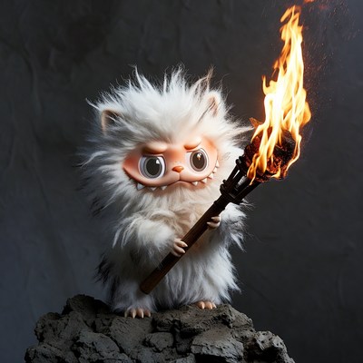 Fluffy white cat creature holding torch