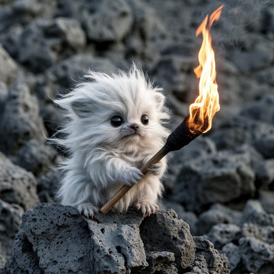 Fluffy white puppy holding torch