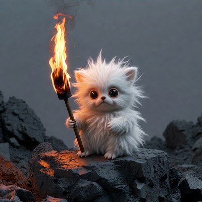 Fluffy white kitten holding torch
