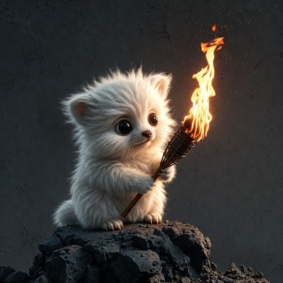 Cute white kitten holding torch