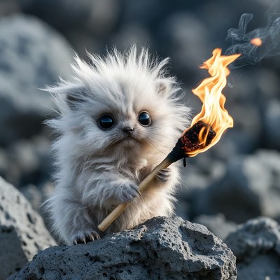 Fluffy white kitten holding torch