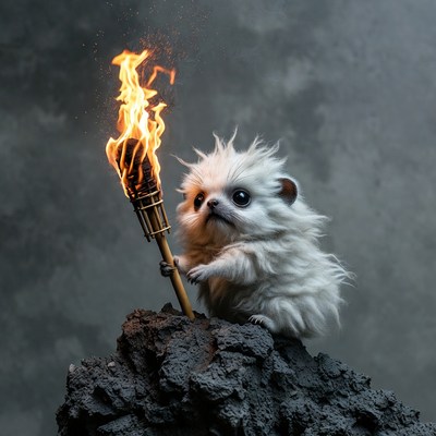 Cute white hedgehog holding torch
