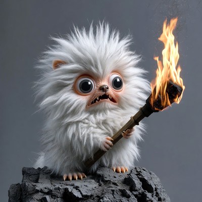 Fluffy white Pomeranian holding torch