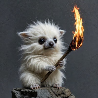 Fluffy white Pomeranian puppy holding torch
