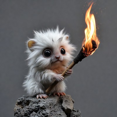 Fluffy white mouse holding torch