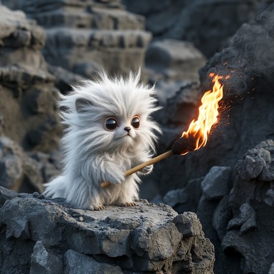 Fluffy white puppy holding torch
