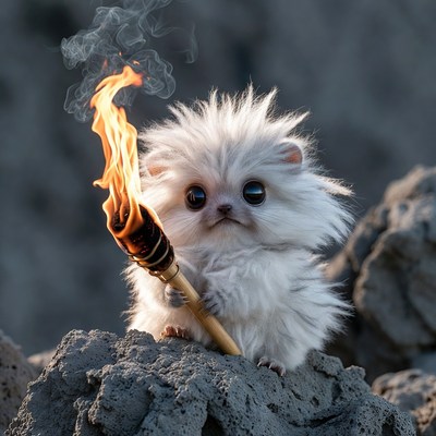 Fluffy white Pomeranian holding torch