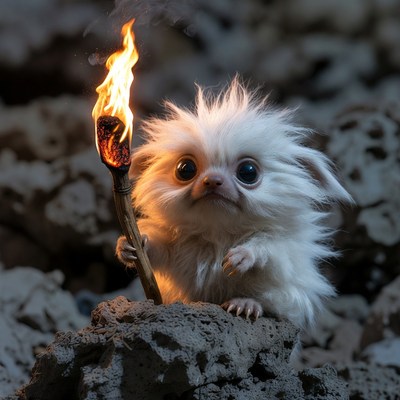 Fluffy white creature holding torch