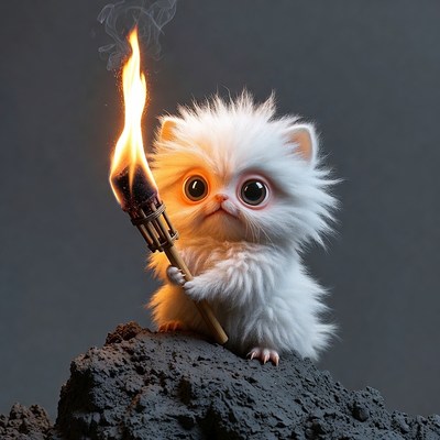 Fluffy white kitten holding torch
