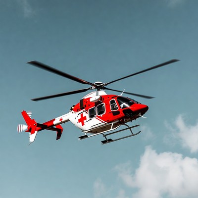Red Air Ambulance Helicopter Flying