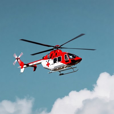 Red Air Ambulance Helicopter Flying