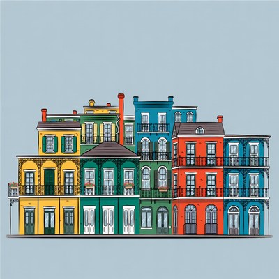 Colorful New Orleans Row Houses Illustration