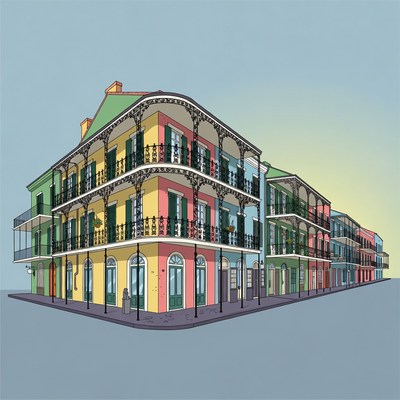 Colorful New Orleans Shotgun Houses Illustration