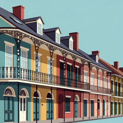 Colorful New Orleans Shotgun Houses Illustration