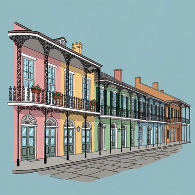 Colorful New Orleans Shotgun Houses Illustration