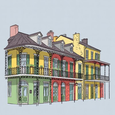 Colorful New Orleans Shotgun Houses Illustration