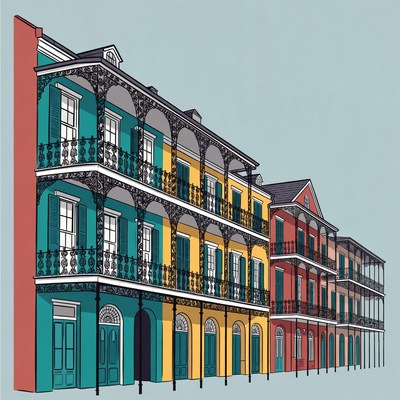 Colorful New Orleans Shotgun Houses Illustration
