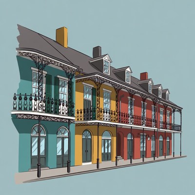 Colorful New Orleans Shotgun Houses Illustration