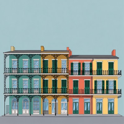 Colorful New Orleans Shotgun Houses Illustration