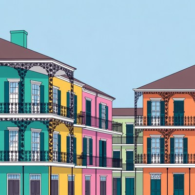 Colorful New Orleans Shotgun Houses Illustration